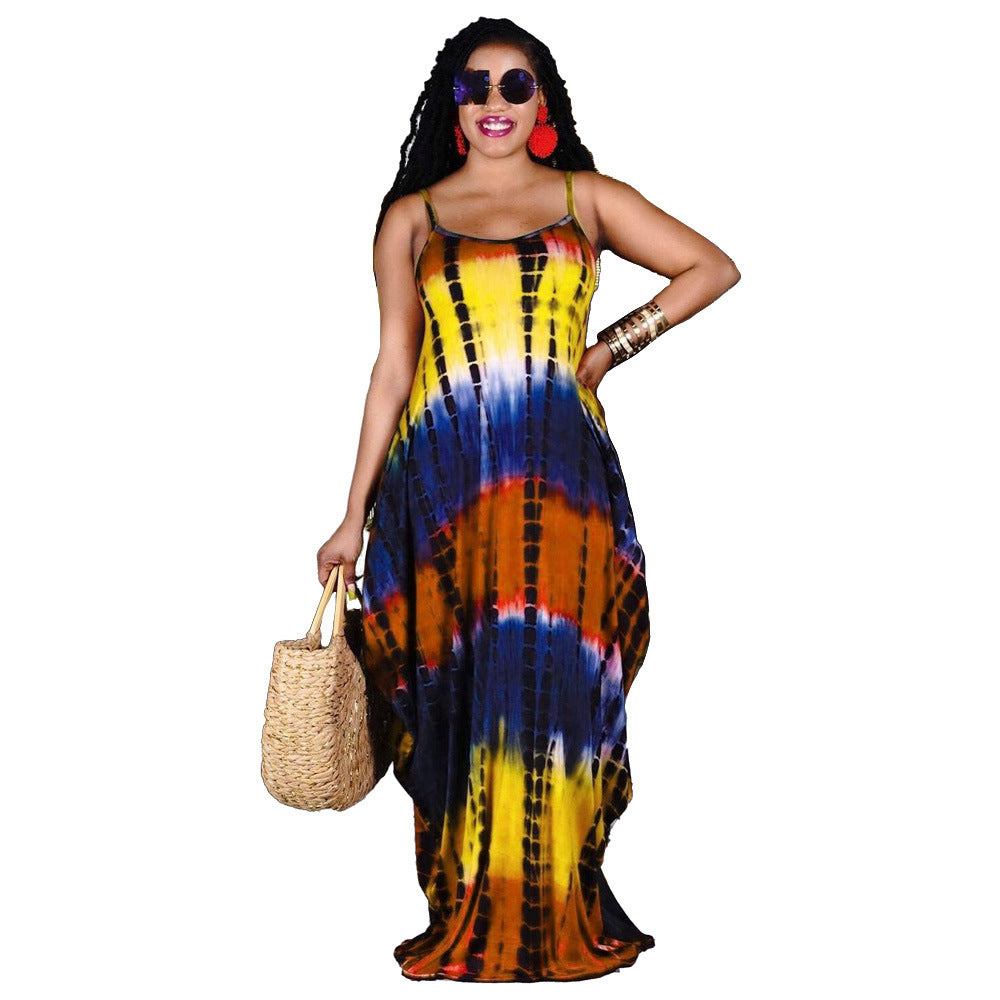 Foreign Trade Summer Tie-dye Printing Loose Strap Dress