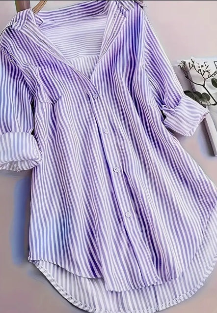Stripe Print Button Front Blouse, Casual Long Sleeve Blouse For Spring & Fall, Women's Clothing