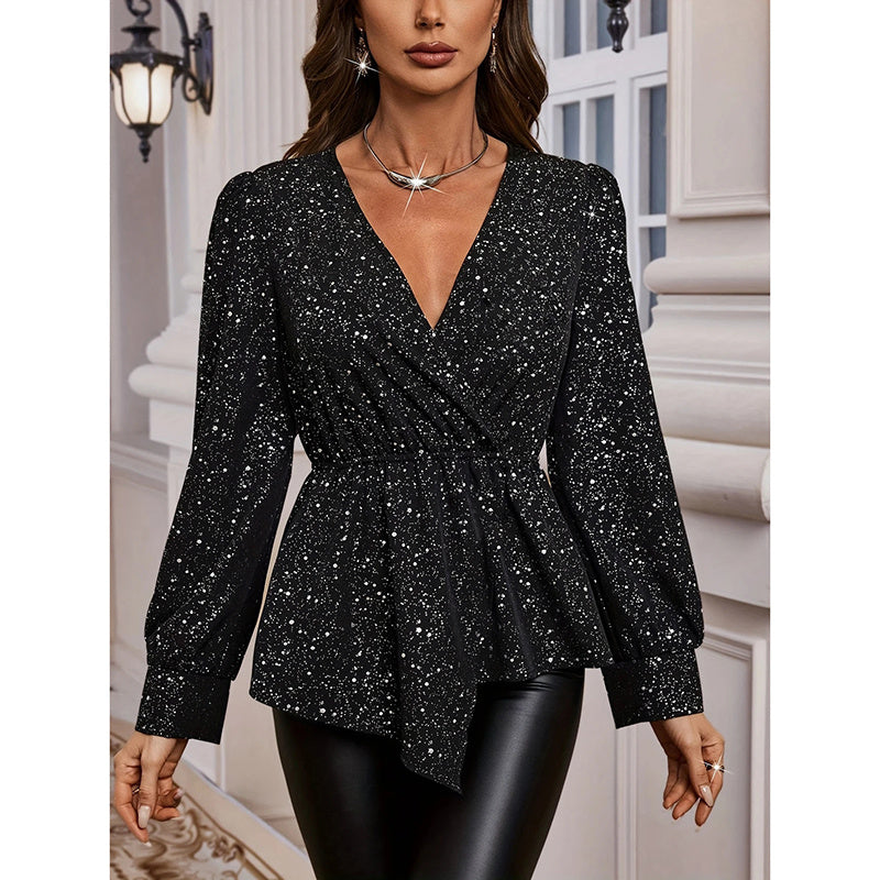 Womens Sparkly Tops Shiny Long Sleeve Ruched Asymmetrical Hem Sparkle Blouses Cocktail Party Evening Shirts